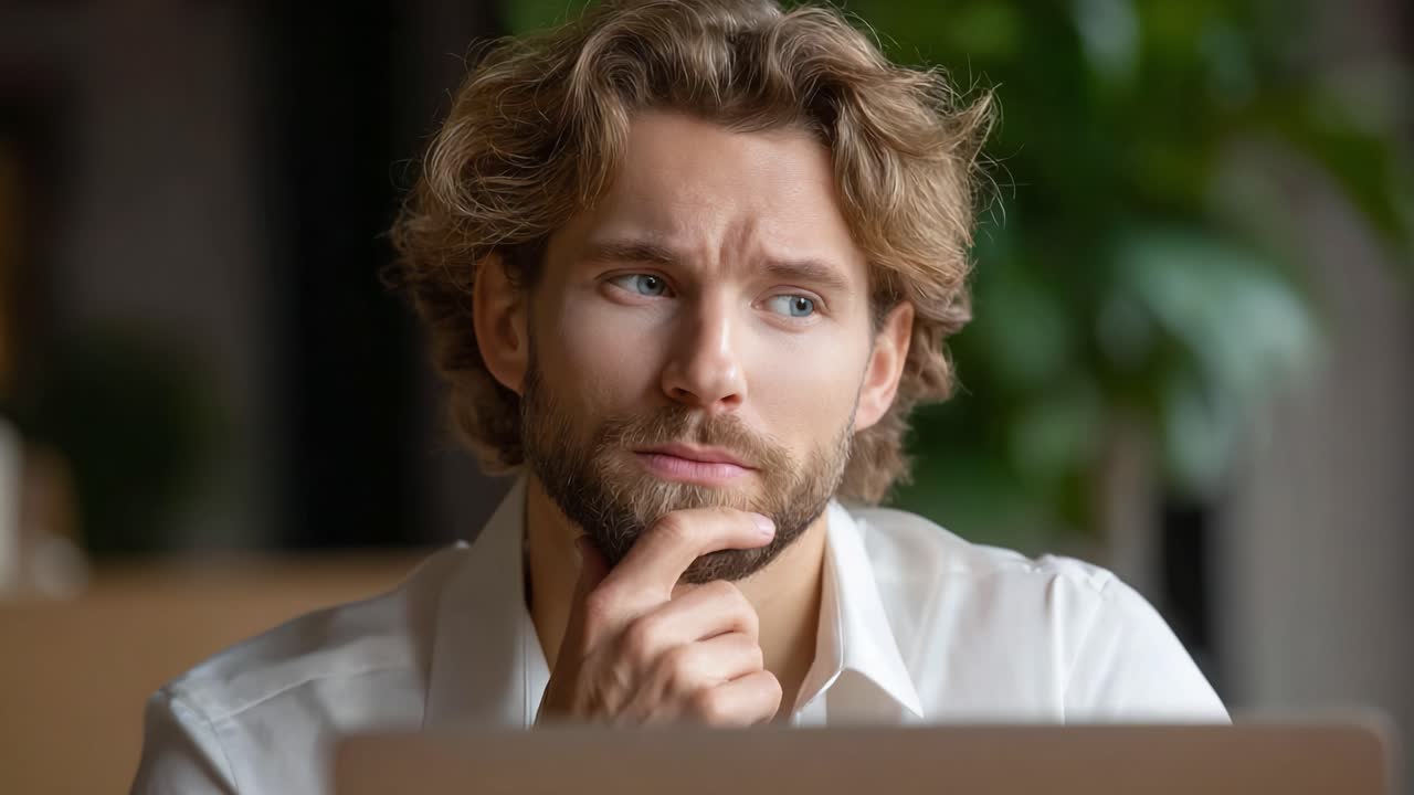 A Young Man in Deep Thought: Contemplating Ideas While Working at His Desk with a Lively Background of Greenery