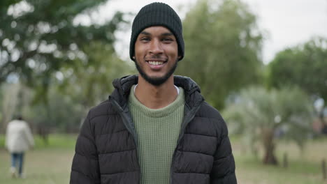 smile, travel and portrait of man in a park