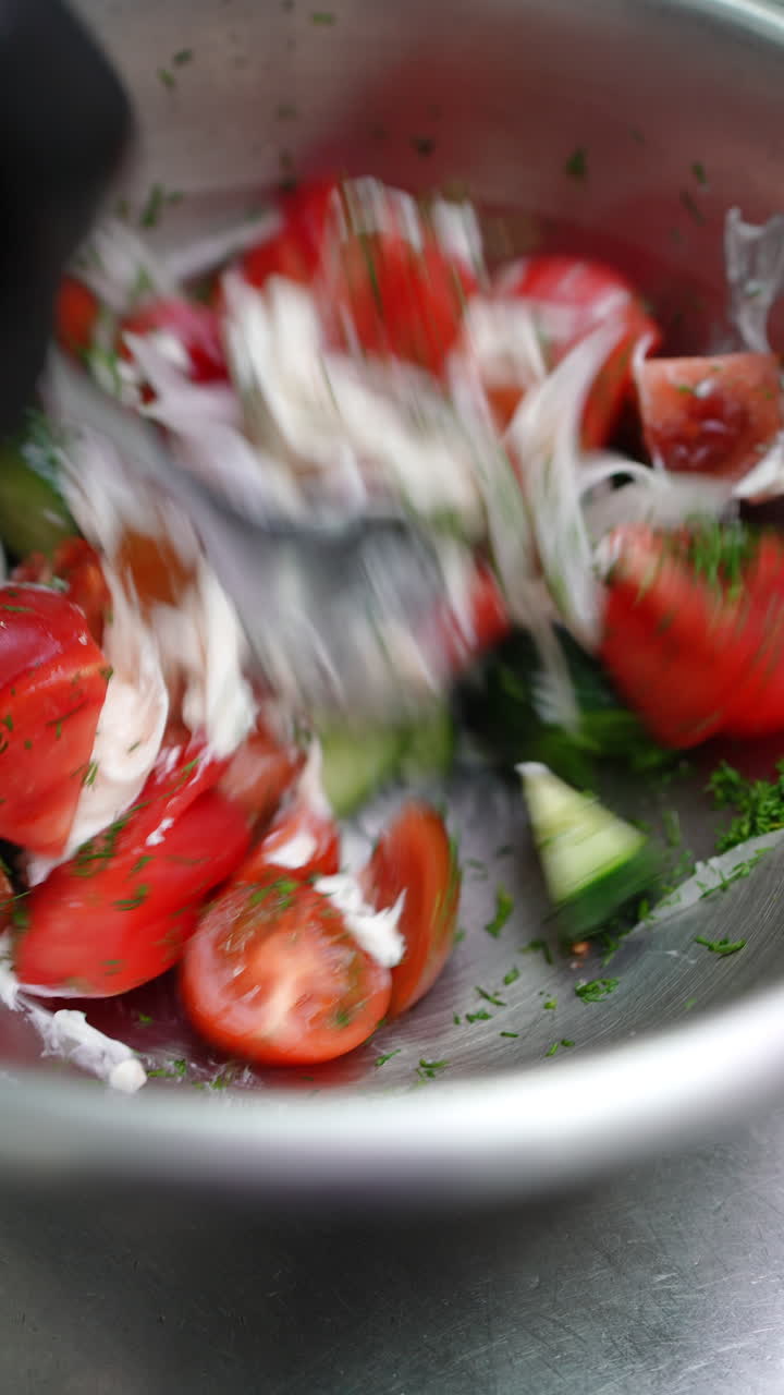 Vertical footage Professional chef combining fresh summer vegetables with creamy dressing, mixing tomatoes, cucumbers, onions, and dill in metal bowl for vibrant vegetarian salad preparation