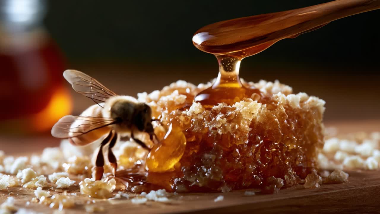 Uno Sguardo Ravvicinato a un Favo Naturale con Miele Dorato che Cola da un Cucchiaio di Legno, Perfettamente Completato da un'Ape Operosa che Raccoglie Nettare.