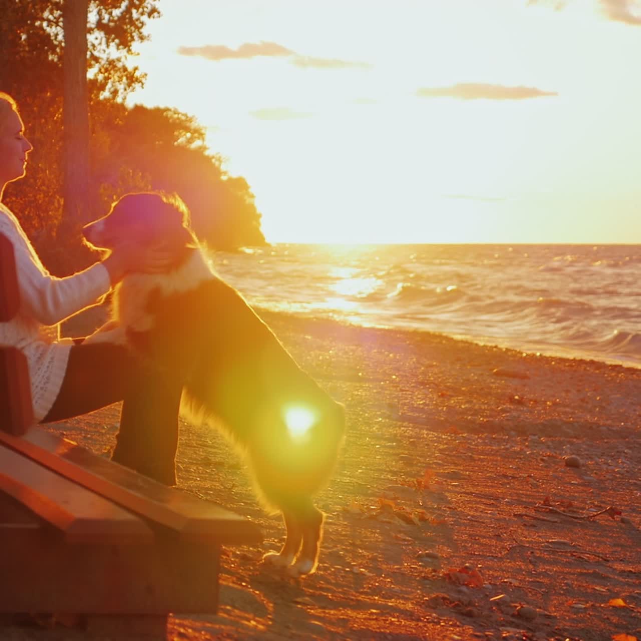 молодая женщина играет со своей собакой у озера 2