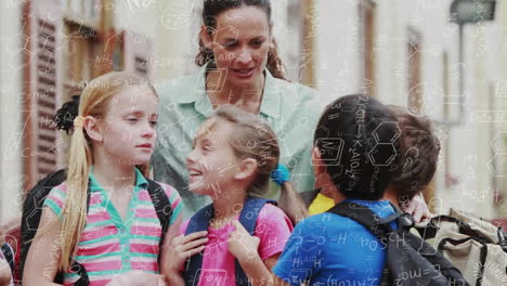 Animación-De-Ecuaciones-Matemáticas-Sobre-Diversos-Escolares-Hablando-Con-El-Profesor