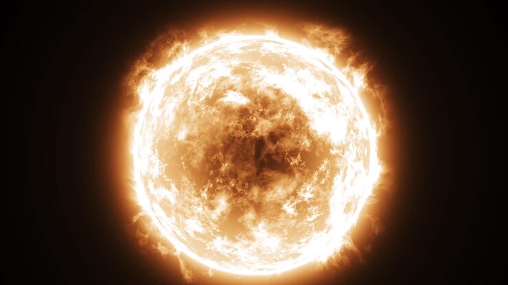 3D animation of a burning orange sun, with no space background or foreground, solar flares and core animation and the camera moving away to bring the sun in full view