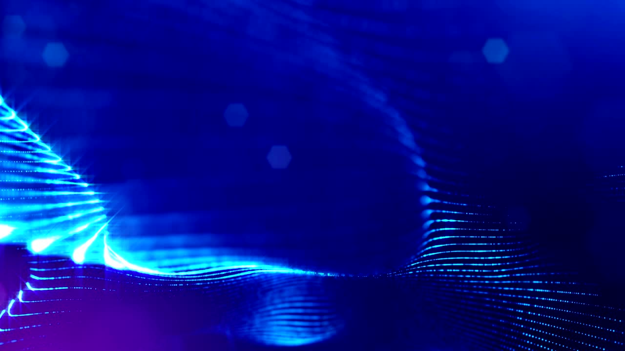 animación de bucle 3d como fondo de ciencia ficción de partículas brillantes con profundidad de campo y bokeh para bucle vj. las partículas forman línea y cuadrícula de superficie. v5 azul