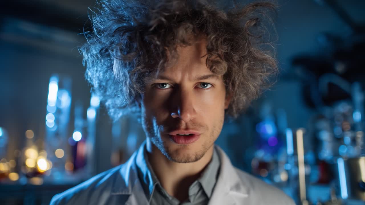 Captivating Scientist with Wild Hair Poses in a Laboratory Full of Colorful Laboratory Equipment and Glassware Under Dim Lighting Creating a Mysterious Atmosphere