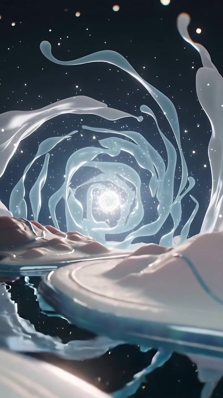 Vertical video: Gliding ribbon-spiral unfurling on glossy plain as view moving toward bright core