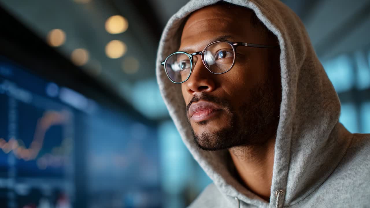 Focused Individual Analyzing Market Trends in a Modern Workspace, Highlighting the Integration of Technology and Thoughtful Strategy in Financial Decision-Making