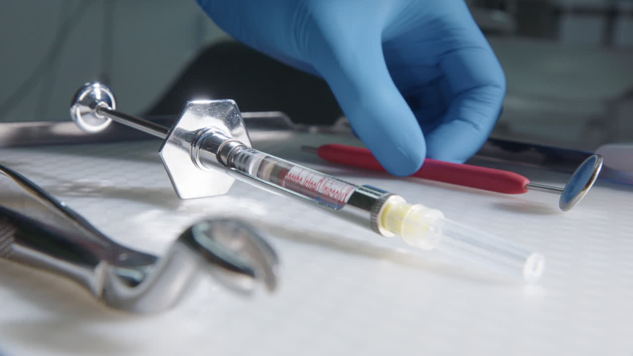 Anaesthetic syringe is picked up by dentist during surgery, slow motion