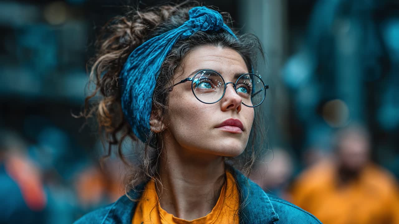 A Thoughtful Woman Gazes Upward, Capturing the Essence of Contemplation and Style with Her Distinctive Blue Headscarf and Trendy Glasses in a Vibrant Urban Setting
