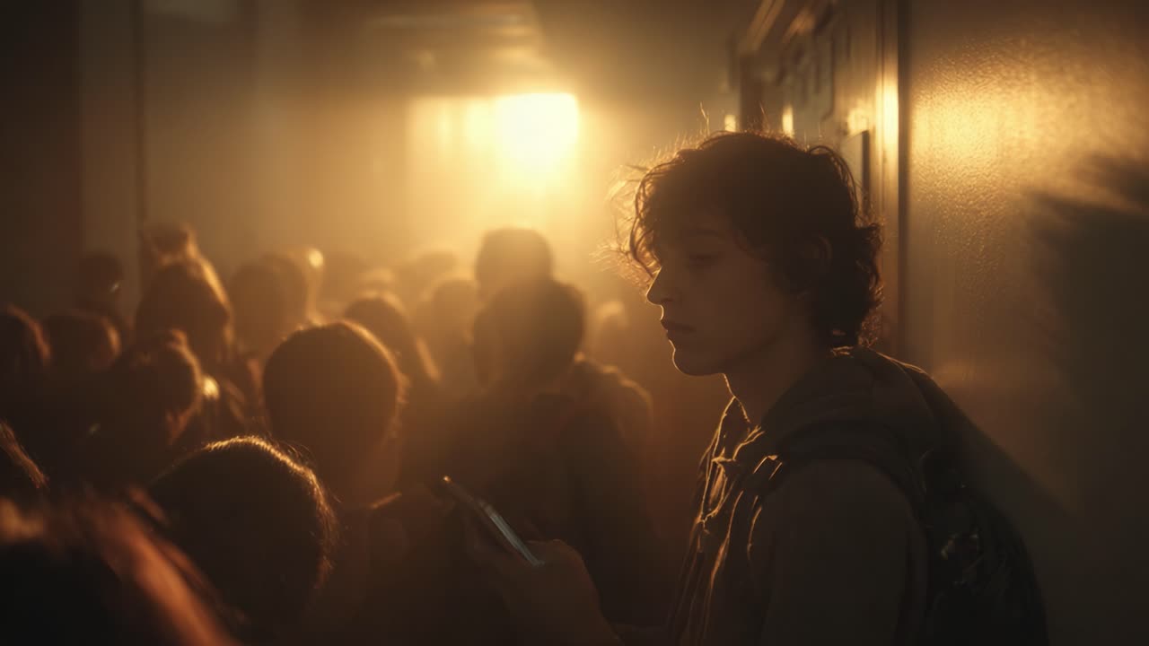 A solitary figure stands amidst a crowded hallway, illuminated by warm golden light, engrossed in their phone as others move around in a bustling atmosphere of energy