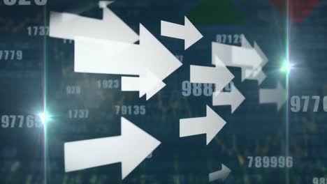 animation of financial data processing, numbers changing and white arrows