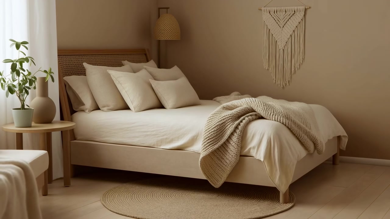 La morbida luce diurna entra attraverso tende velate accanto a un letto rifatto, mettendo in risalto lenzuola color crema, una coperta testurizzata, un arazzo intrecciato, mobili in legno chiaro, una pianta d'appartamento e un tappeto circolare.