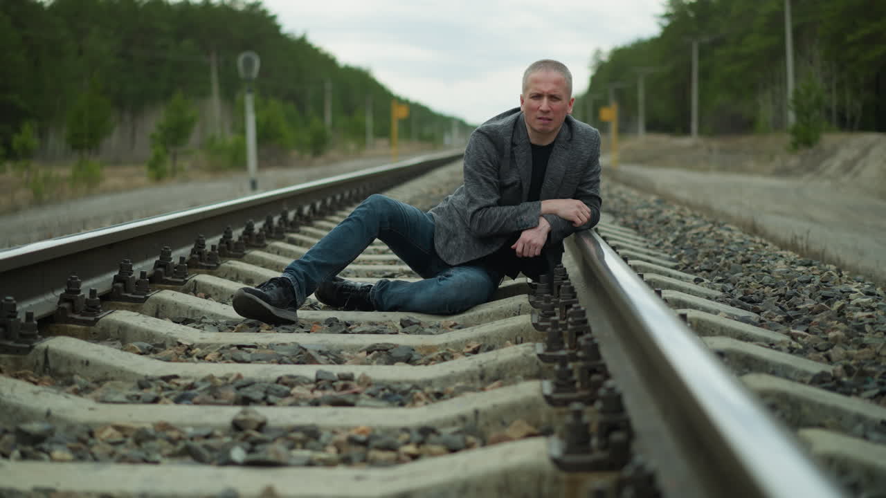 un hombre con un blazer gris y pantalones vaqueros azules tendidos en una vía ferroviaria, mirando contemplativo y serio, el fondo presenta un paisaje rural con árboles, postes eléctricos y un horizonte lejano