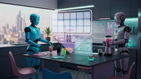futuristic kitchen interaction between two robots: a glimpse into advanced ai technology in everyday living spaces and digital meal preparation