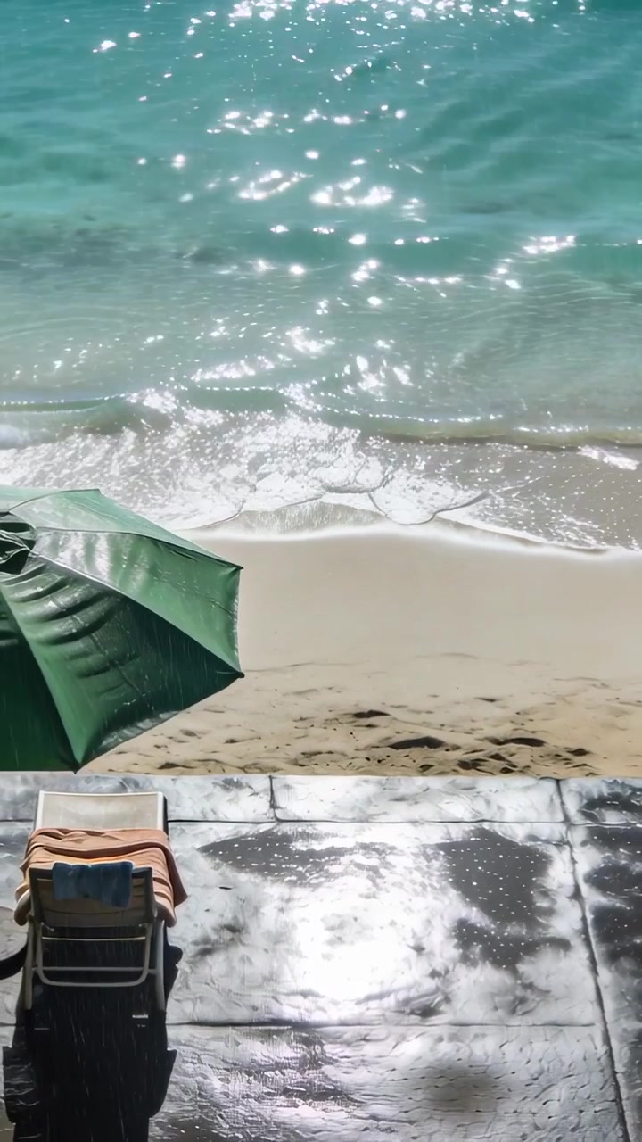 Video verticale: Ombrellone verde, sedia che si inclina su una terrazza mentre le onde lambiscono la riva, spazio per il testo