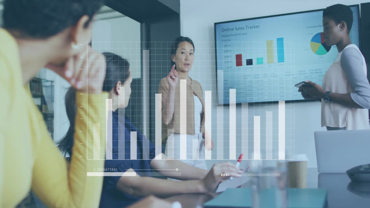 Business meeting with online sales tracker animation over diverse team discussing data