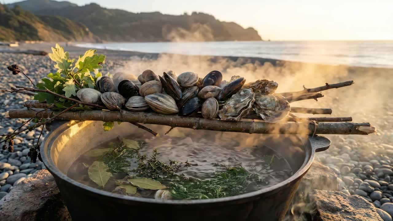 Clams cooking in a pot on the beach