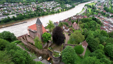 hirschhorn castle at river neckar, germany. aerial video