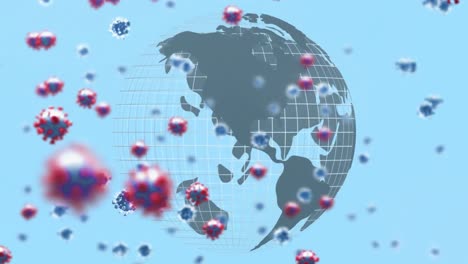 digital animation of multiple covid-19 cells floating over spinning globe against blue background