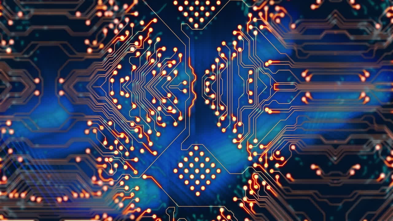 빨간색 컴퓨터 회로판 위에  ⁇ 락 보안 아이콘을 가진 연결 네트워크의 애니메이션