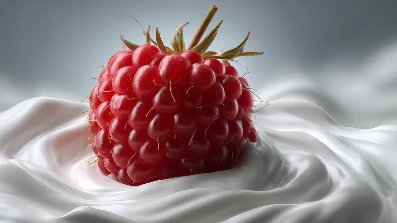A fresh raspberry sits atop a smooth, creamy swirl, showcasing its vibrant red color and lush texture against a soft, elegant background of white that enhances its appeal