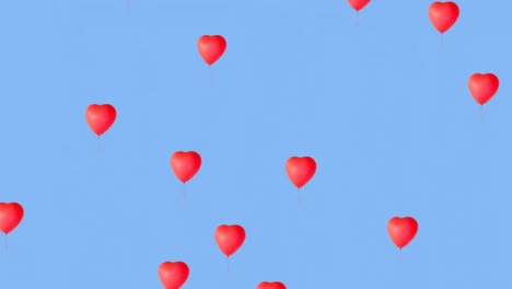 Digital-animation-of-multiple-red-heart-shaped-balloons-floating-against-blue-background