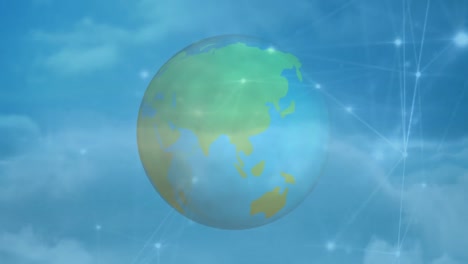 animation of networks of connections and globe on clouds and blue sky background