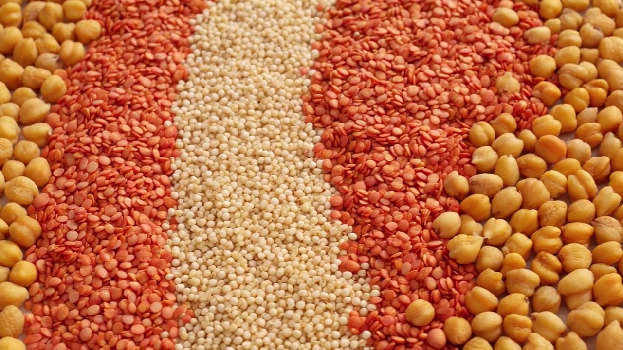 Assorted Grains and Legumes Arranged in Wavy Patterns