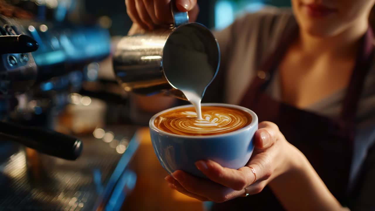Barista Pouring Milk into Latte Art Coffee