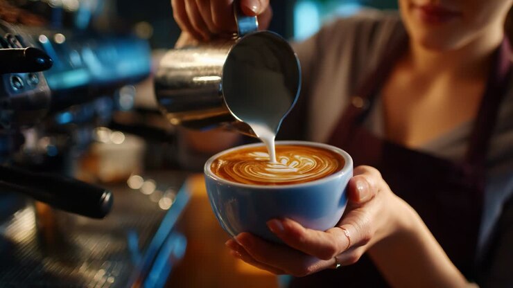 Barista che versa il latte nel caffè per la latte art
