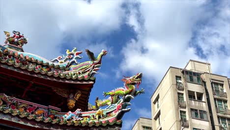 Pan-across-downtown-apartment-buildings-to-traditional-Longshan-Temple-in-Taipei-Taiwan-on-sunny-day