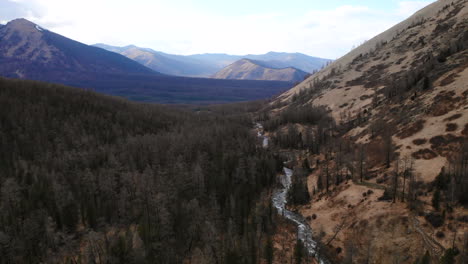 a river flows through a vast mountain valley with dense forests