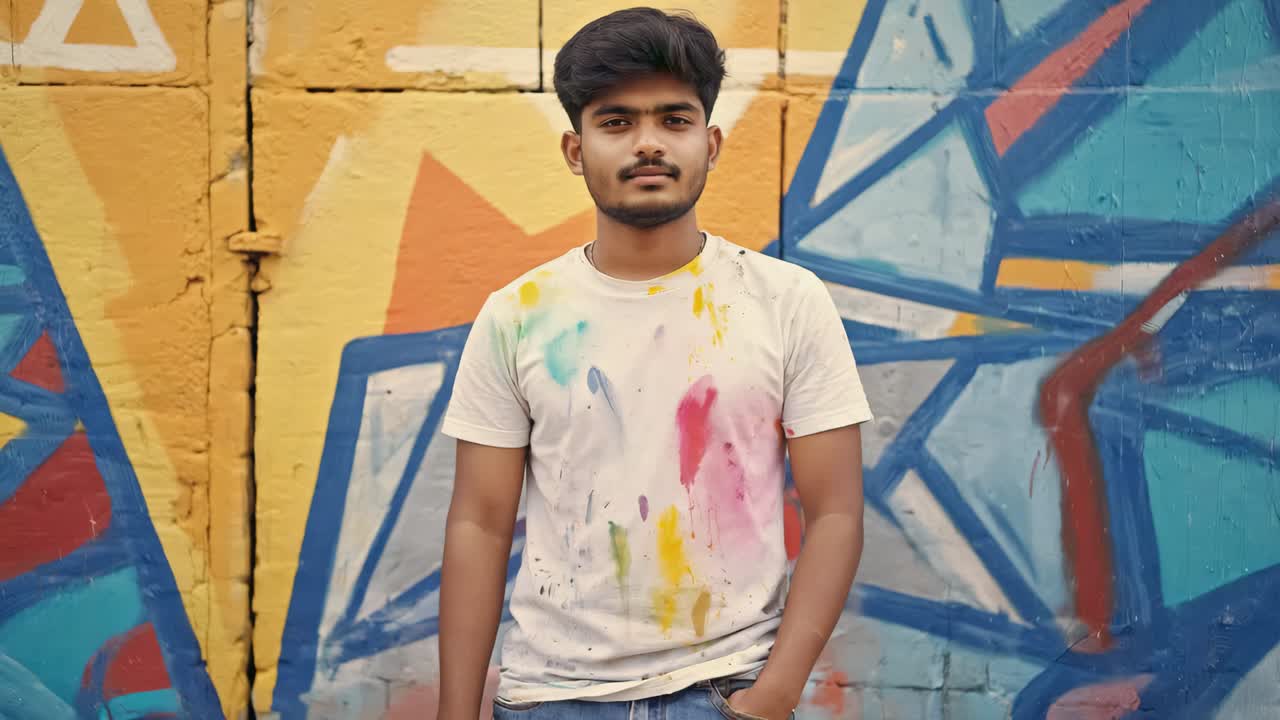 Confident young artist with paint stained t shirt posing with hands in pockets in front of a vibrant graffiti wall, showcasing his passion for urban art and creativity