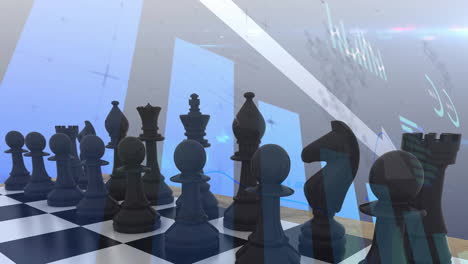 animation of chess pieces over graphs and charts processing data on grey background