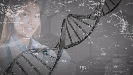 animación de procesamiento de datos, red de conexión y cadena de adn sobre sonriente doctora femenina asiática