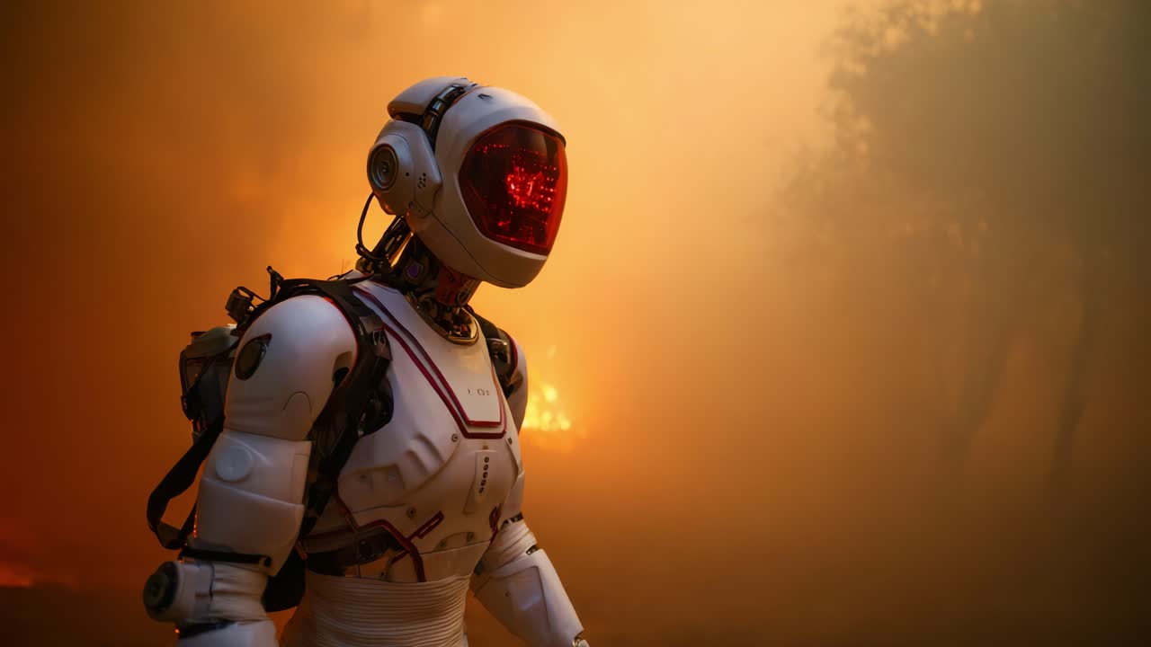 Un robot humanoide se alza en medio de un paisaje en llamas, mostrando su intrincado diseño y tecnología avanzada mientras explora un entorno envuelto en humo y llamas.