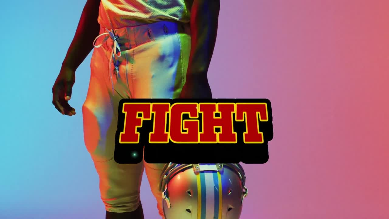 네온 배경에 있는 아메리칸  ⁇ 볼 선수에 대한 싸움 텍스트의 애니메이션