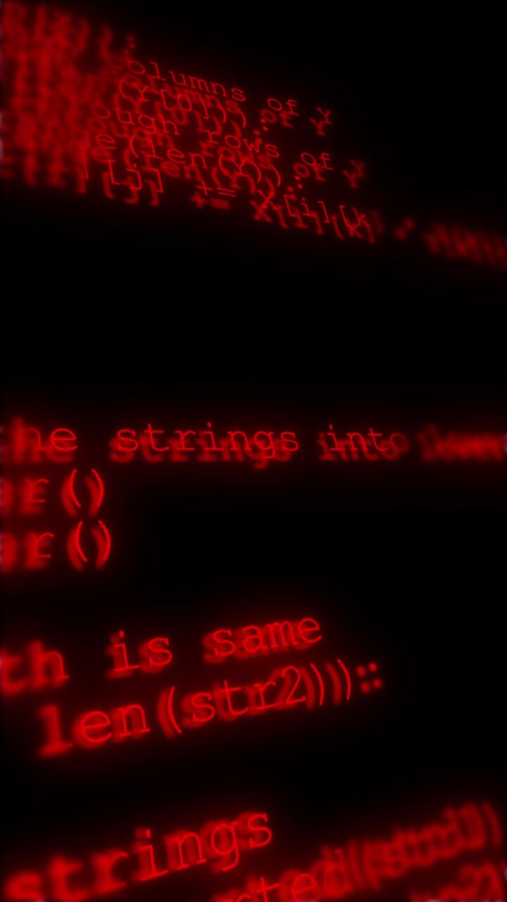 Rød programmeringskode baggrund med glødende slørede script matrix-tal og mørk software-dybde