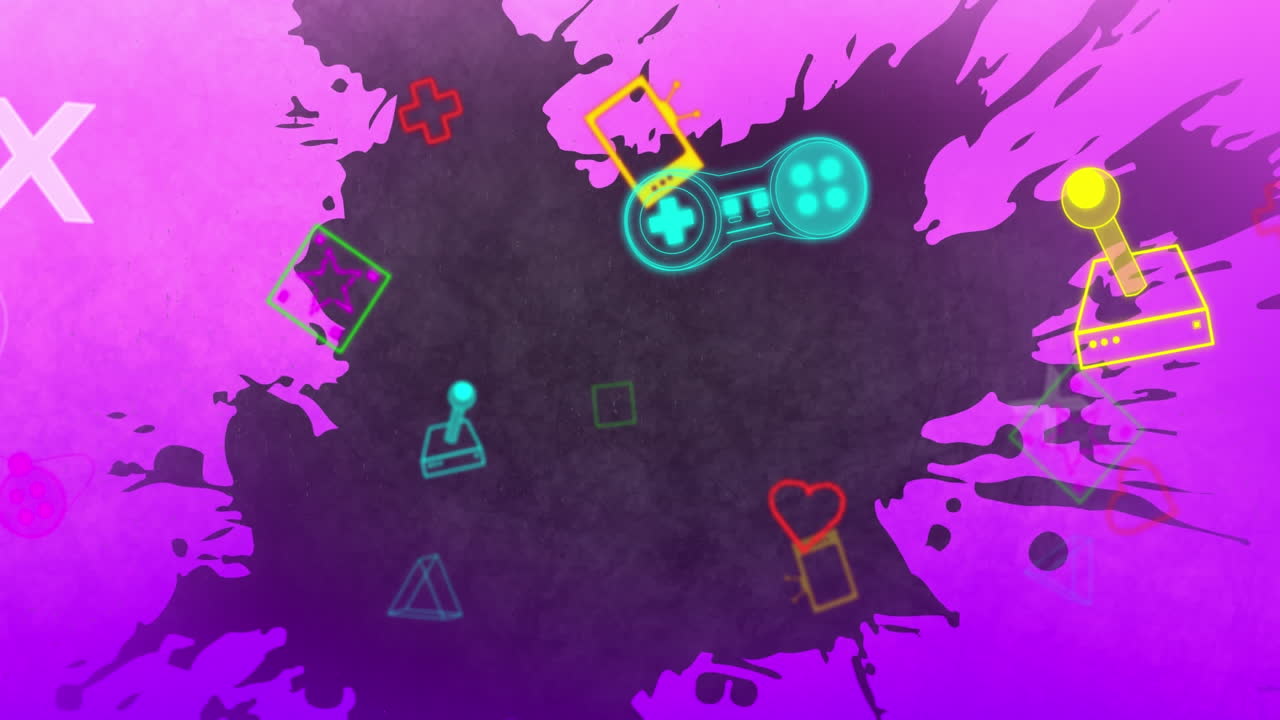 animazione di più icone di controller di videogiochi al neon contro la macchia di vernice su sfondo viola