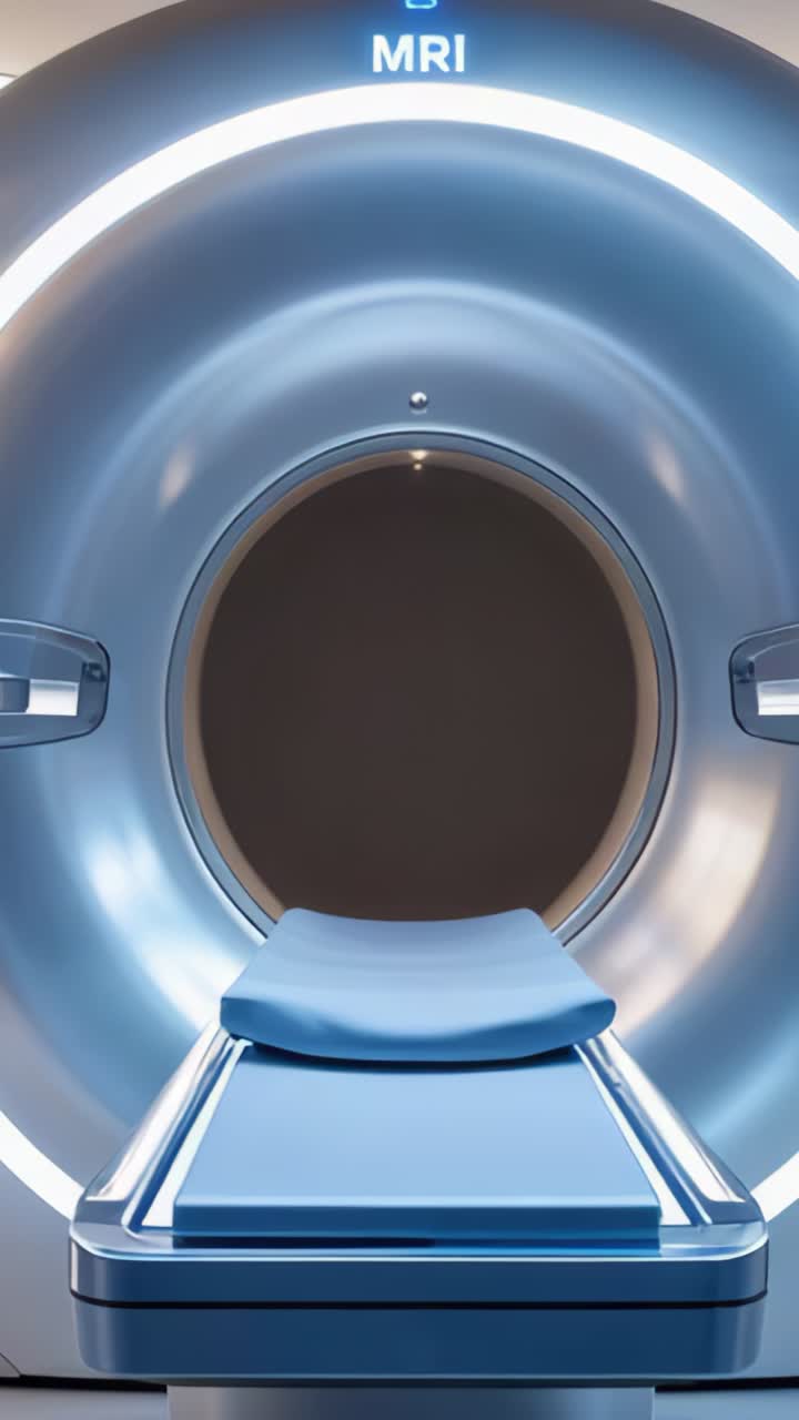 Video verticale: anello LED pulsante, tavolo paziente con cuscinetto blu che scorre all'interno del foro della risonanza magnetica in una suite di imaging