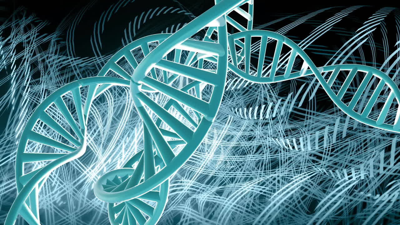 Animation of dna strands spinning with glowing light trails over dark background