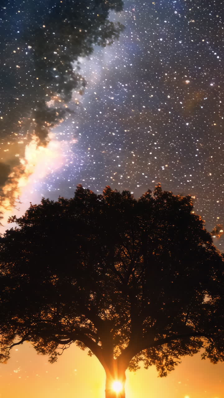 A tree is lit up in the dark sky. The tree is surrounded by stars and the sky is filled with them. The scene is peaceful and serene