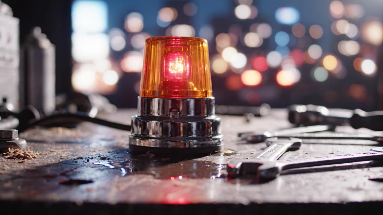 Luce di emergenza lampeggiante su un banco da lavoro circondato da attrezzi in un'officina scarsamente illuminata con uno sfondo bokeh colorato che sfuma le luci della città.