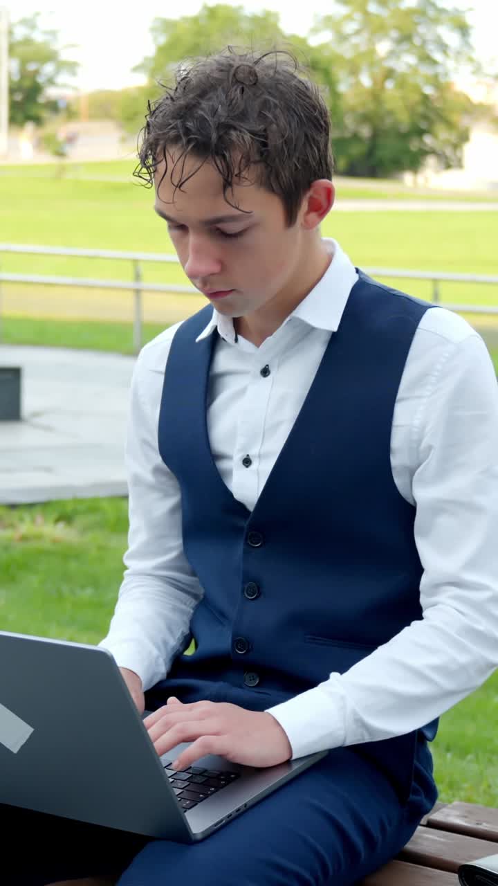 Vertical Business Analyst: Focused Young Man Working on Laptop in Park