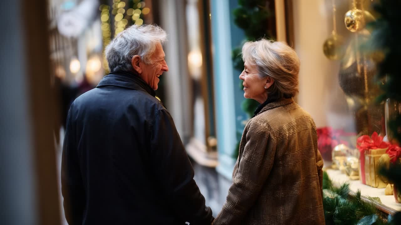 A Heartfelt Moment Between Two Seniors Strolling Hand in Hand, Sharing Joyful Smiles in a Cozy Street Decorated for the Holidays, Emphasizing Love, Connection, and Togetherness in a Magical Setting