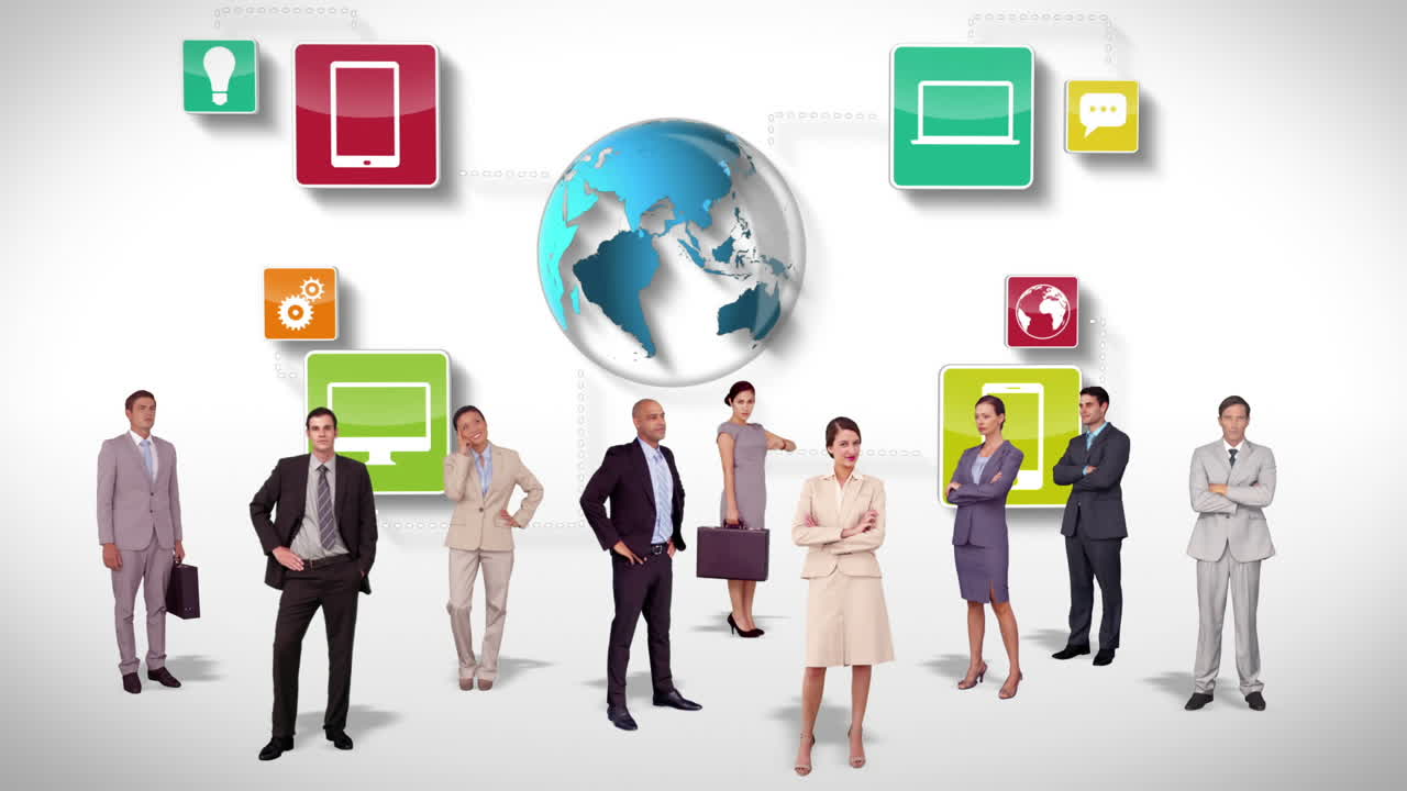 equipo de negocios de pie contra la tierra y aplicaciones