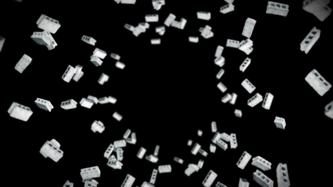Molti mattoni di cemento che volano su sfondo nero. Modello in miniatura, Cemento, Costruzione. Animazione 3D di blocchi grigi che ruotano. Animazione in loop