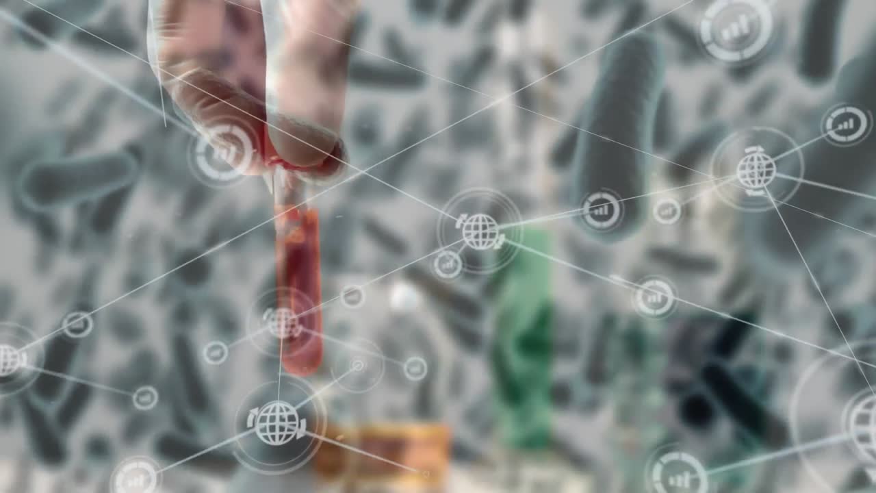 animación de la red de conexiones con células de covid 19 y tubo de ensayo