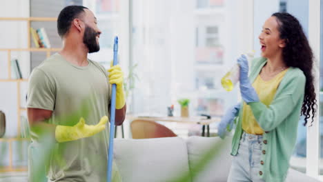 Cleaning,-home-and-couple-singing-with-broom