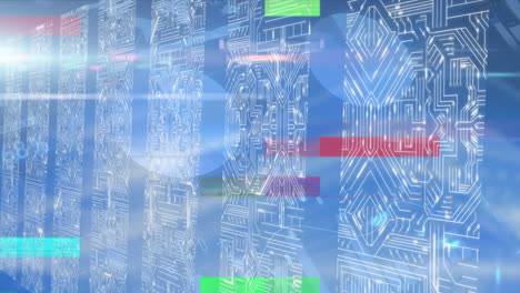 animación de interferencias y procesamiento de datos financieros sobre columnas con placa de circuitos informáticos